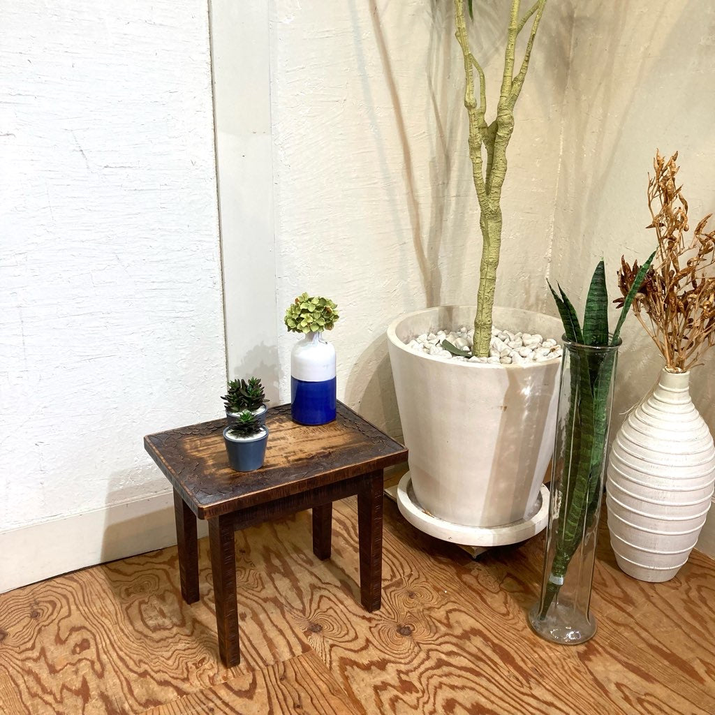 軽井沢彫り サイドテーブル スツール 中古 桜 彫刻 花台 ディスプレイ