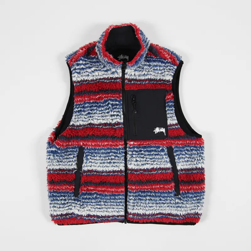 Stussy Tribe Mens Striped Sherpa Vest Multi Red White Blue Gilet