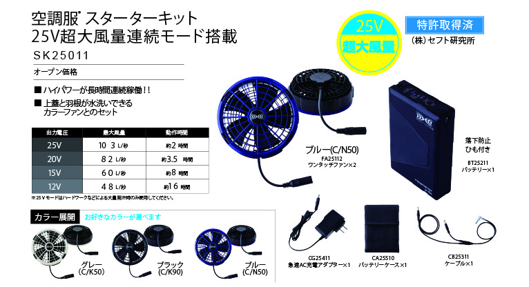 空調服 SK25011 ファンバッテリーセット(25Vバッテリー・ワンタッチ