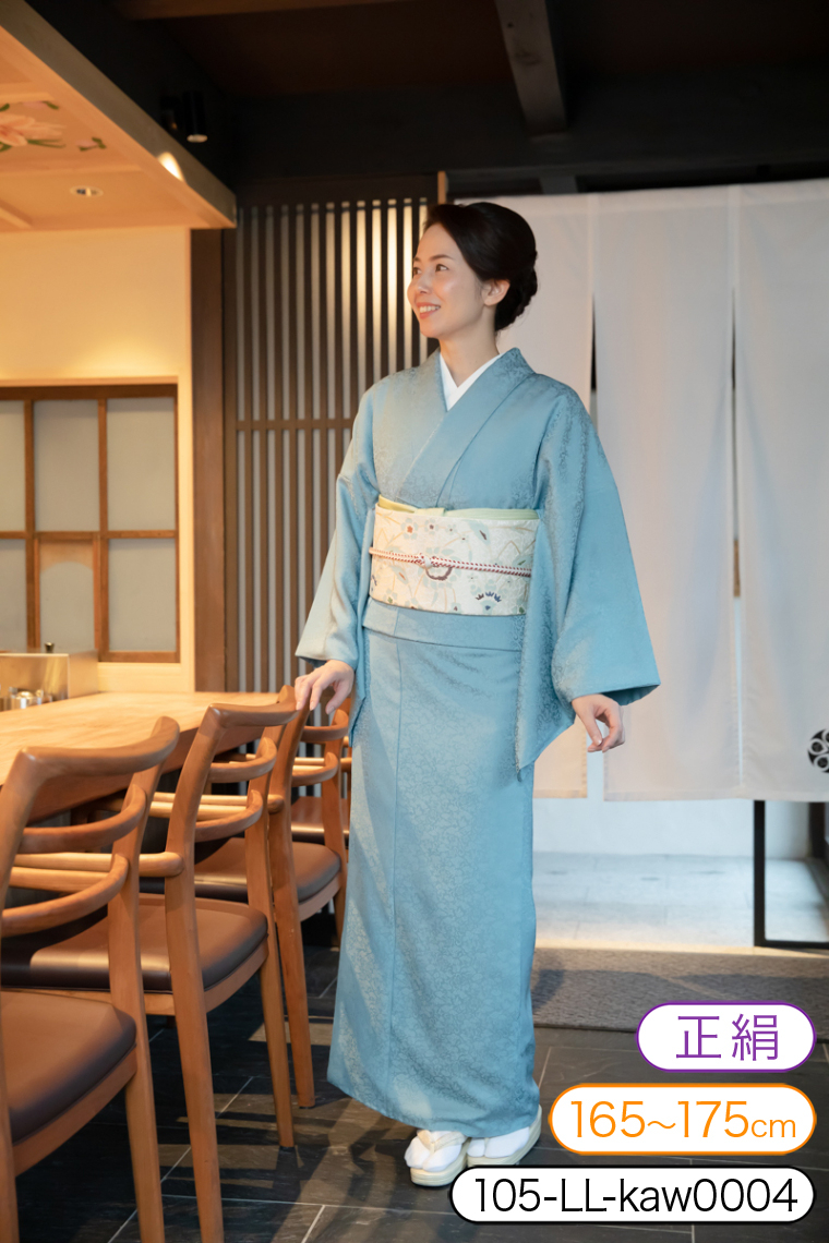 色無地レンタル 色無地LLサイズ 唐織十二支牡丹唐草 縫一つ紋：桔梗 水