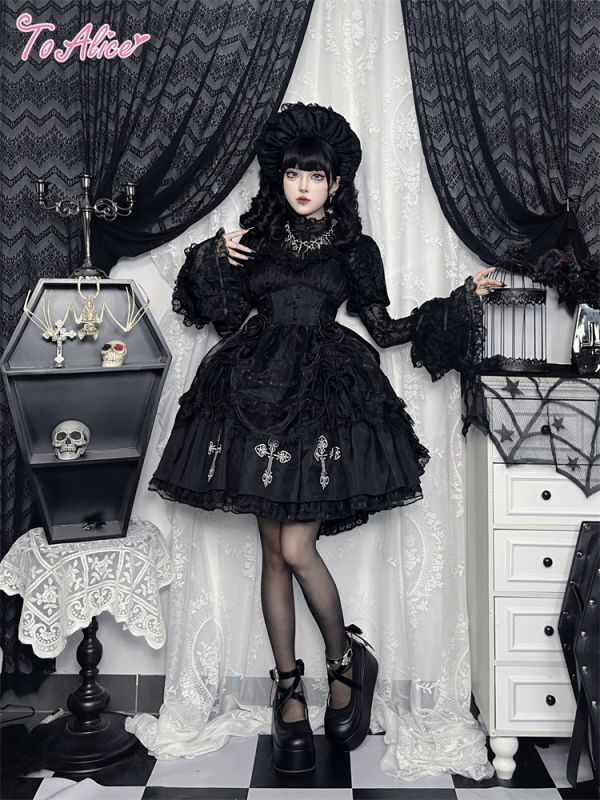 BlackShamrock】F1ブラックコルセットクロス刺繍ドレス - To Alice