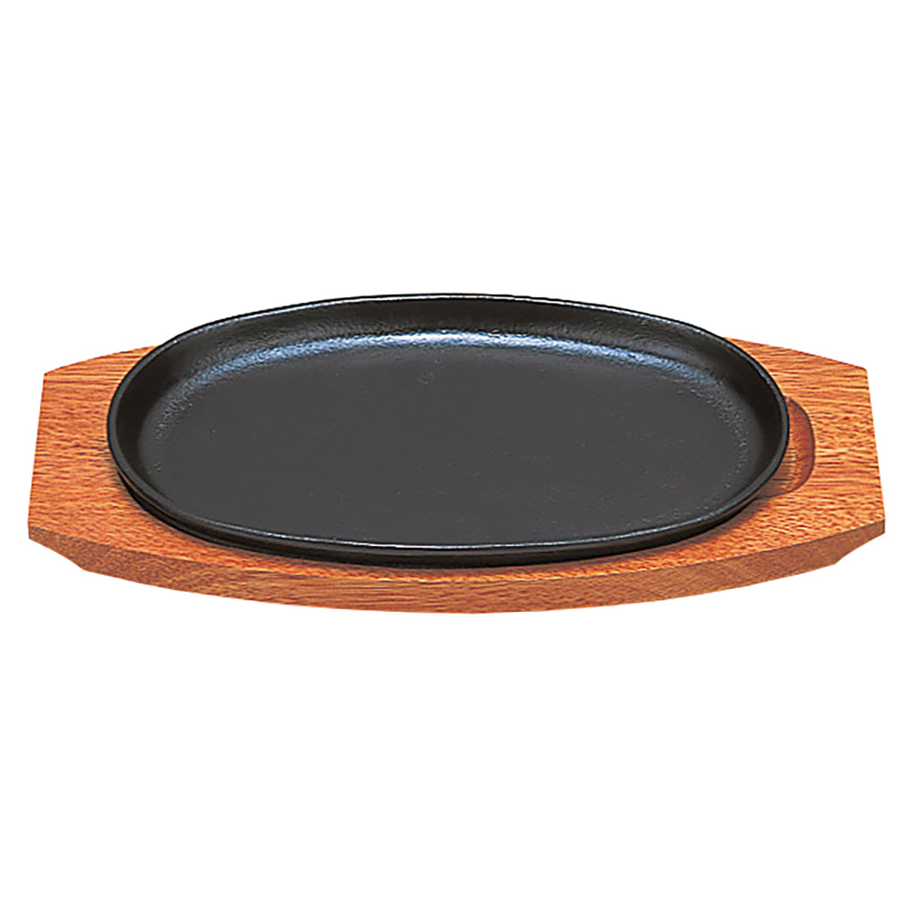 鉄・木］小判型ステーキ鉄皿 （木台付）20cm(ステーキ用の鉄皿)|食器