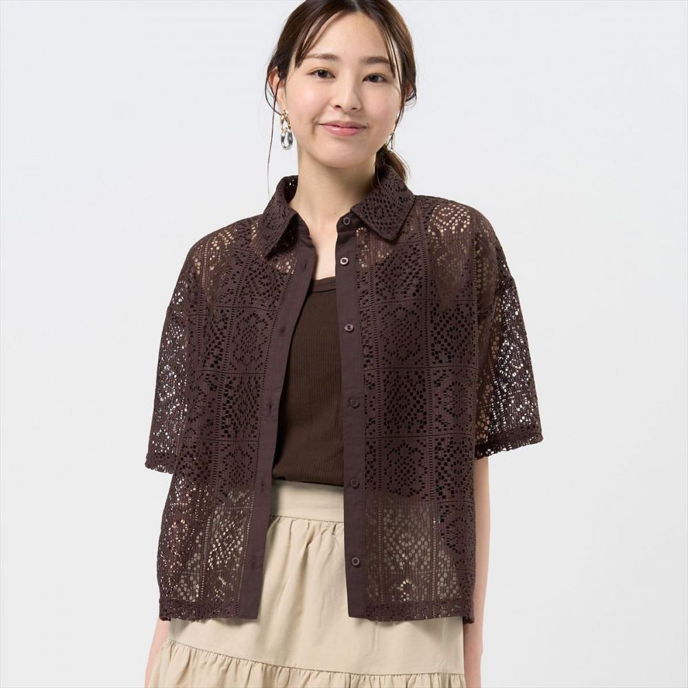 クロシェ風 レースシャツブラウス 五分袖 レディース(M ブラウン