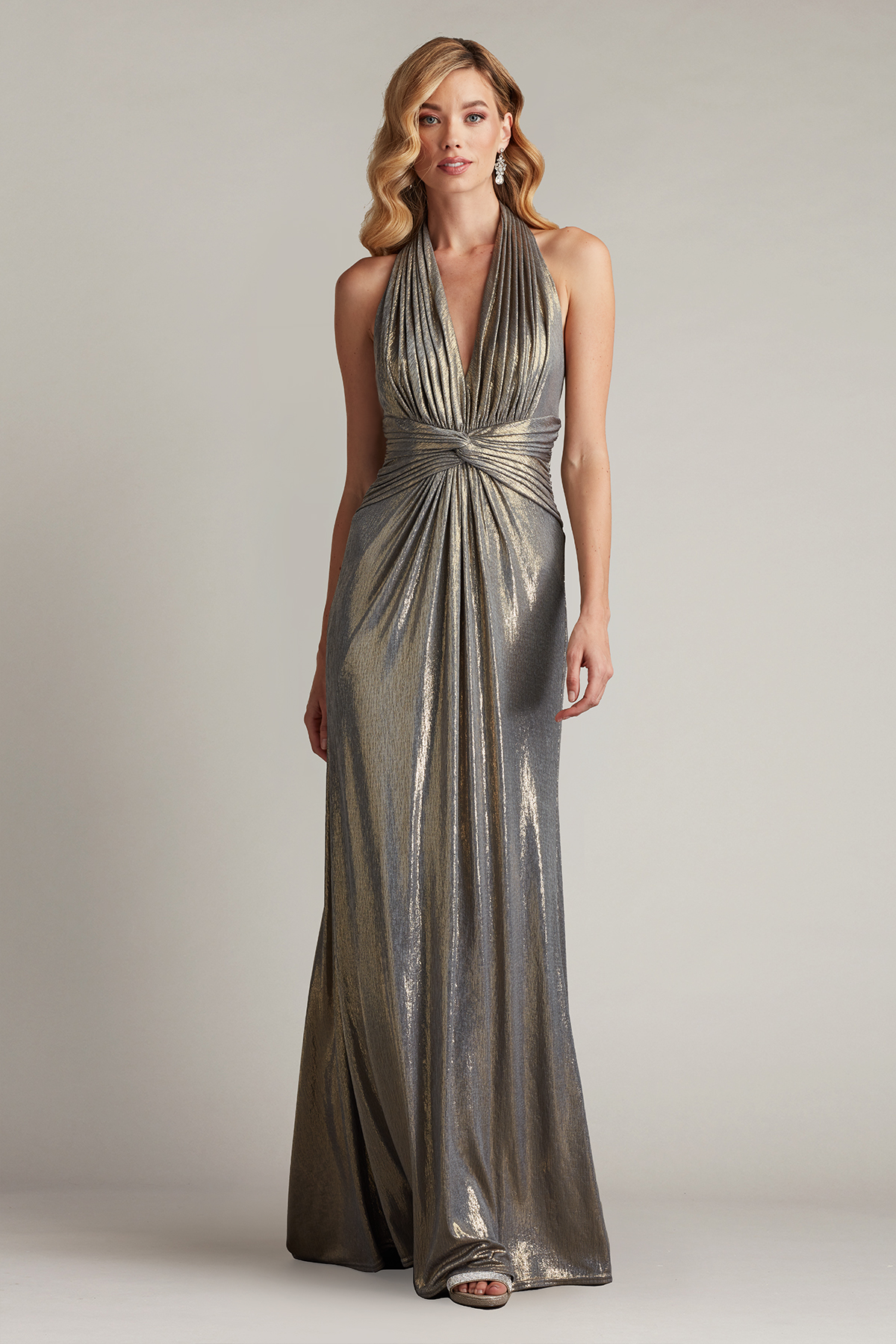 Mona Pleated Metallic Halter Gown SMKPL | Tadashi Shoji