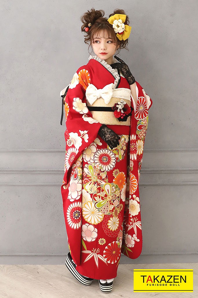正統派古典 赤/オレンジ 菊柄 おしゃれ かわいい レトロポップ振袖