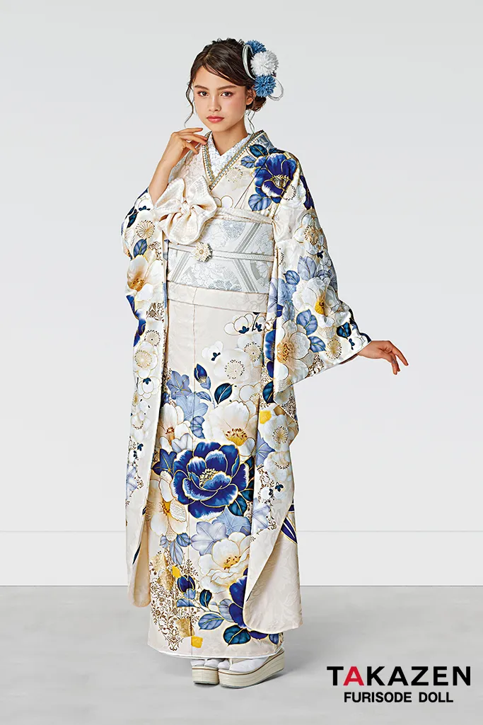 正統派古典 クリーム/青 椿柄 上品 寒色系 かわいい 統一感のある