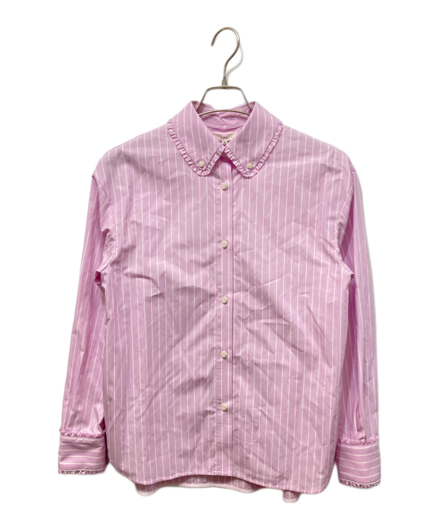 yori ヨリ ミニフリルストライプシャツ ピンク