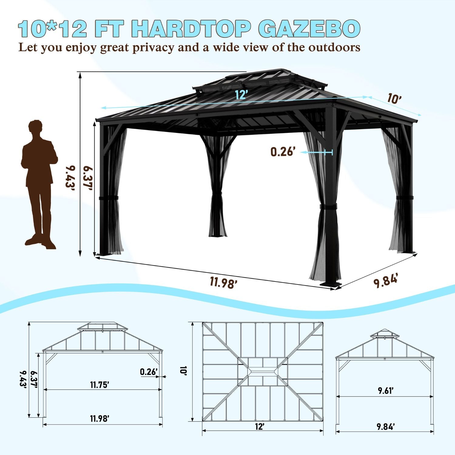 10x12 Metal Hardtop Gazebo with Polyester Mesh – Veikous