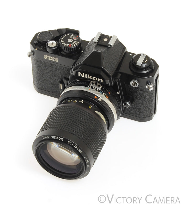 Nikon FM2N Black Camera Body w 35-105mm f3.5-4.5 Zoom Lens -New Seals-