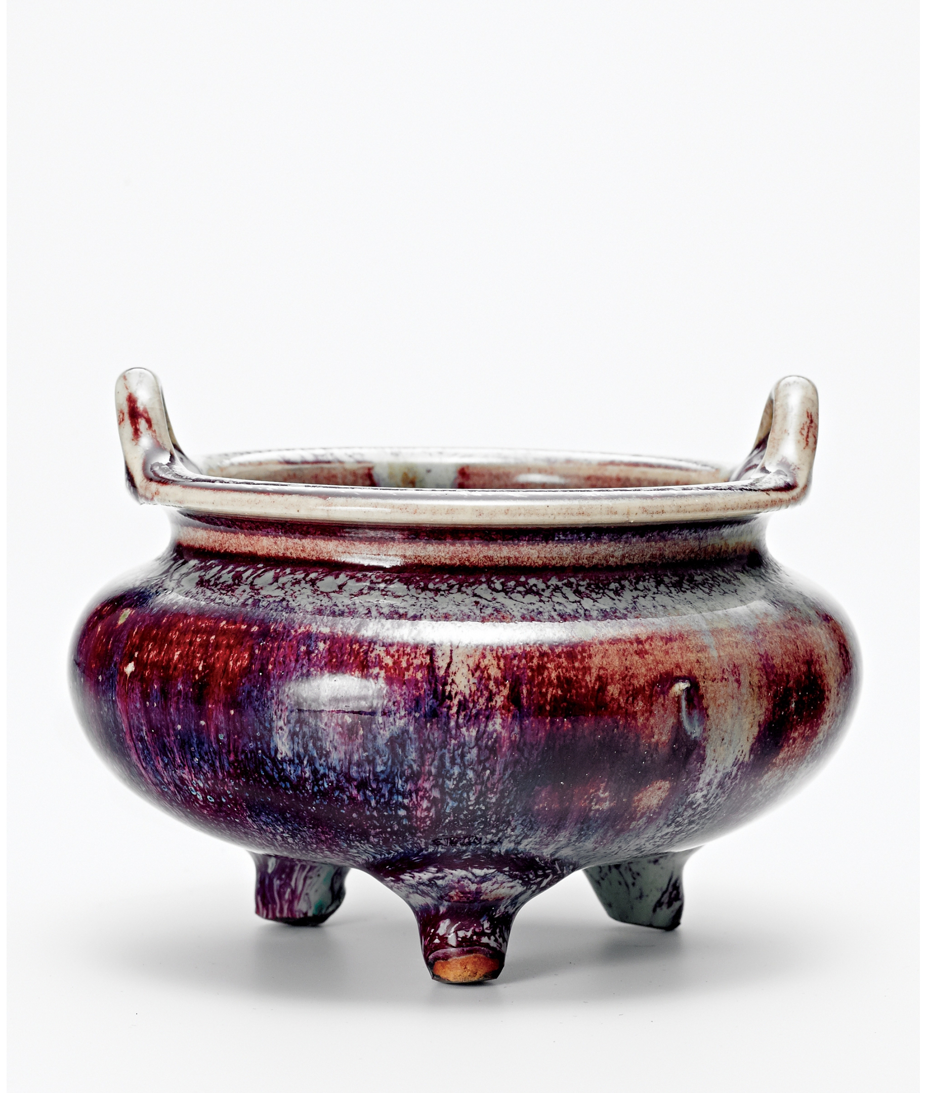 中国美術 窯變 海鼠釉 三足 獅子耳 香炉 明 旧家蔵出