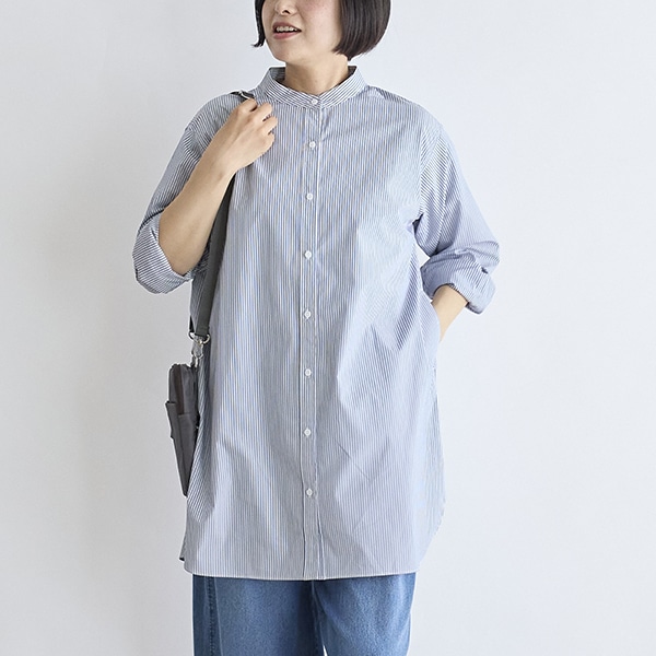 ストライプバンドカラーロングシャツ(ネイビー)｜SALE（ファッション