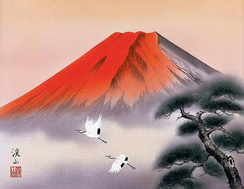 山水の掛け軸 伊藤渓山作 赤富士飛翔(額入り)