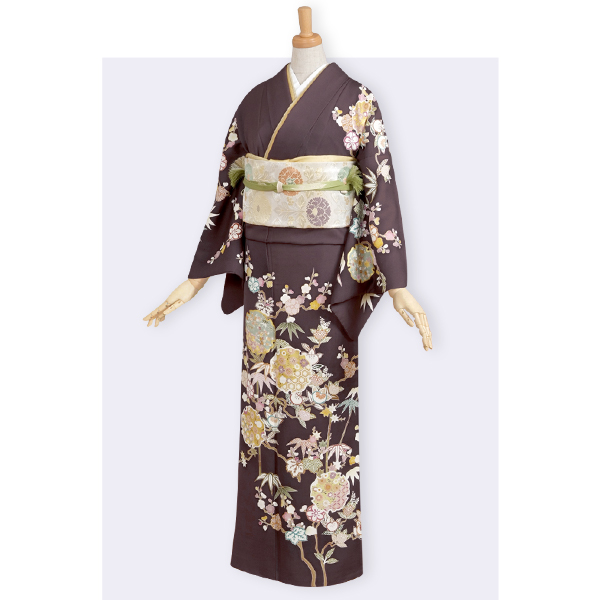 訪問着：H141 ブラウン 雪輪に橘と竹☆| 訪問着レンタル │ 京都着物