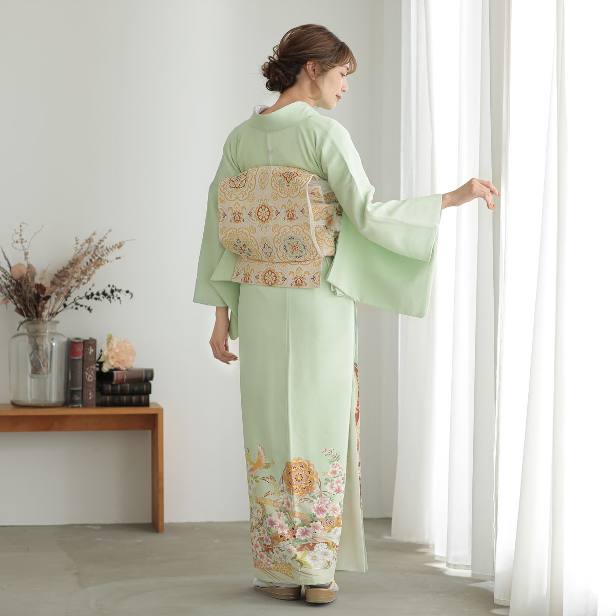 色留袖：E235 黄緑 華紋に鶴と蔓帯| 色留袖レンタル │ 京都着物