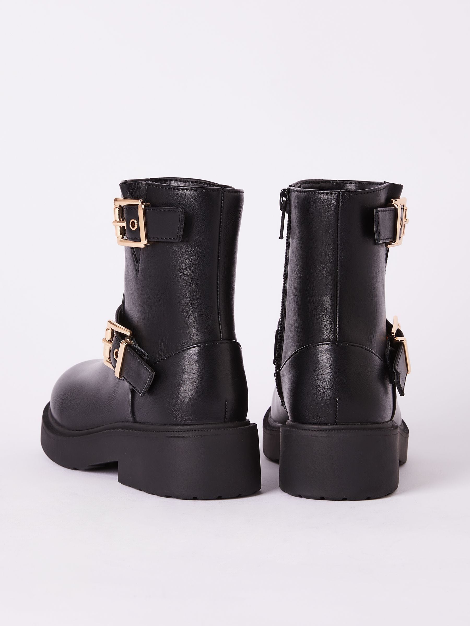 Buy Lipsy Black Gold Buckle Biker Faux Leather Flat Ankle Boots