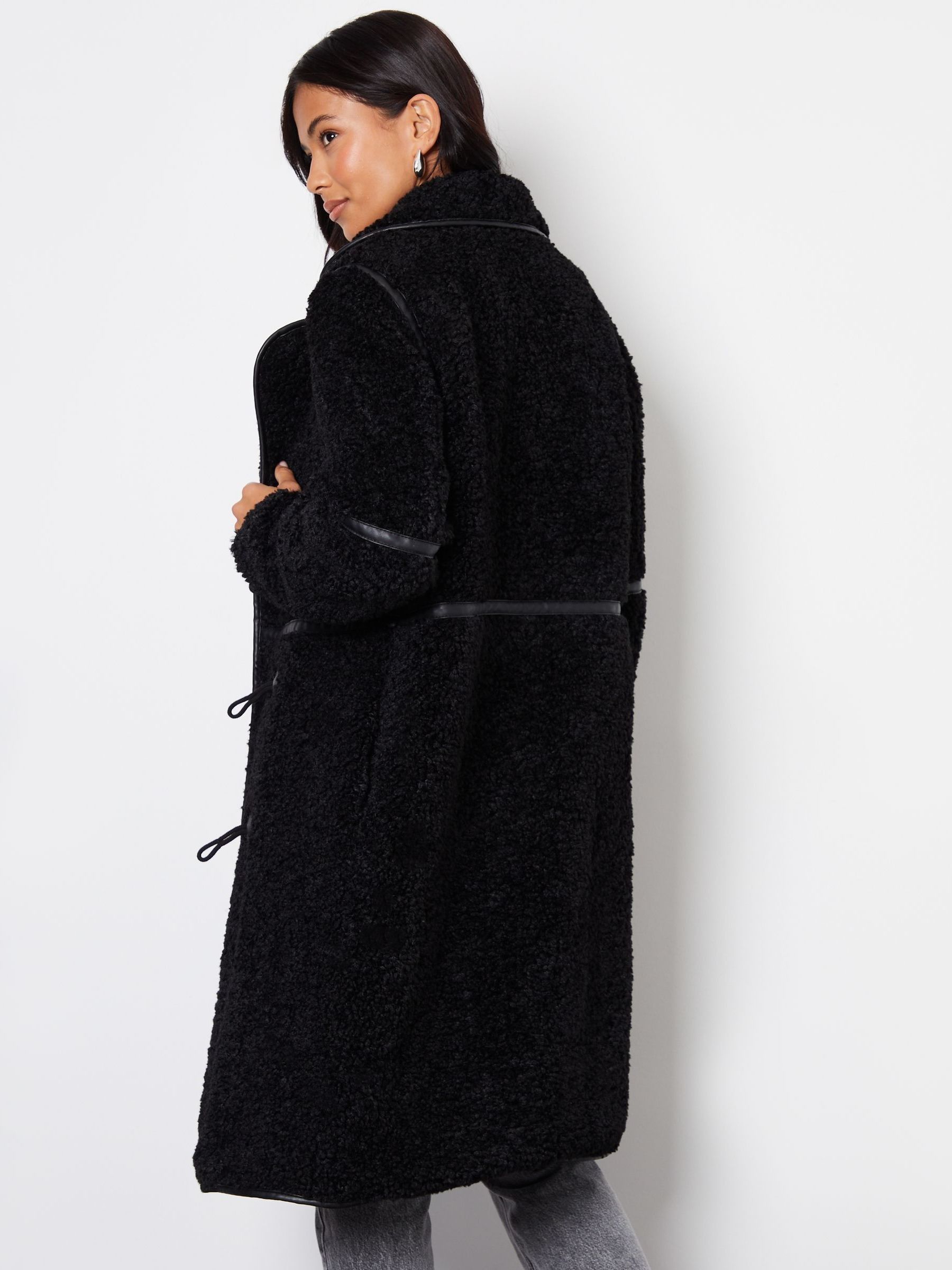 Buy Threadbare Black Longline Borg Toggle Coat With PU Trim from
