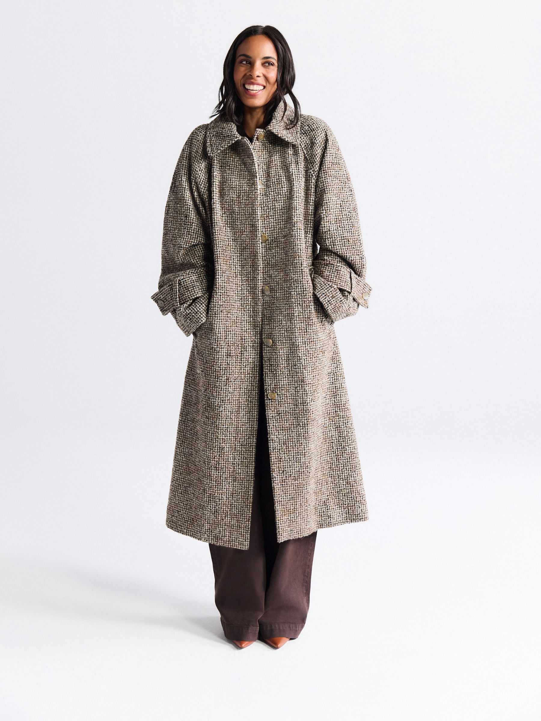 Buy Neutral Houndstooth Single Breasted Longline Collared Coat