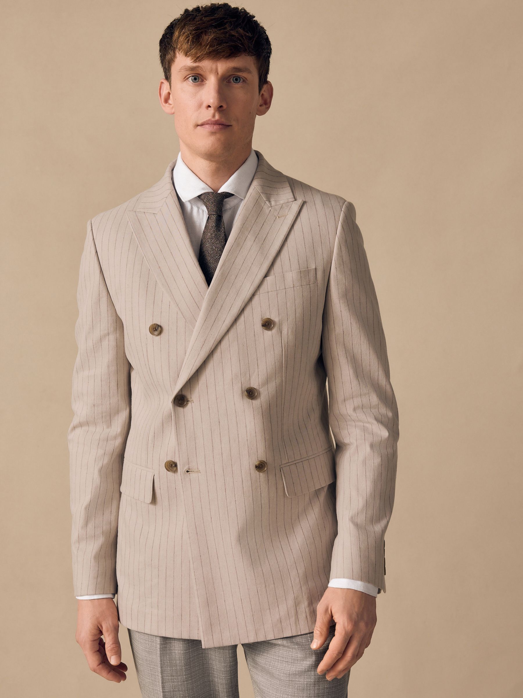 Buy Neutral Striped Double Breasted Suit Jacket With Linen from