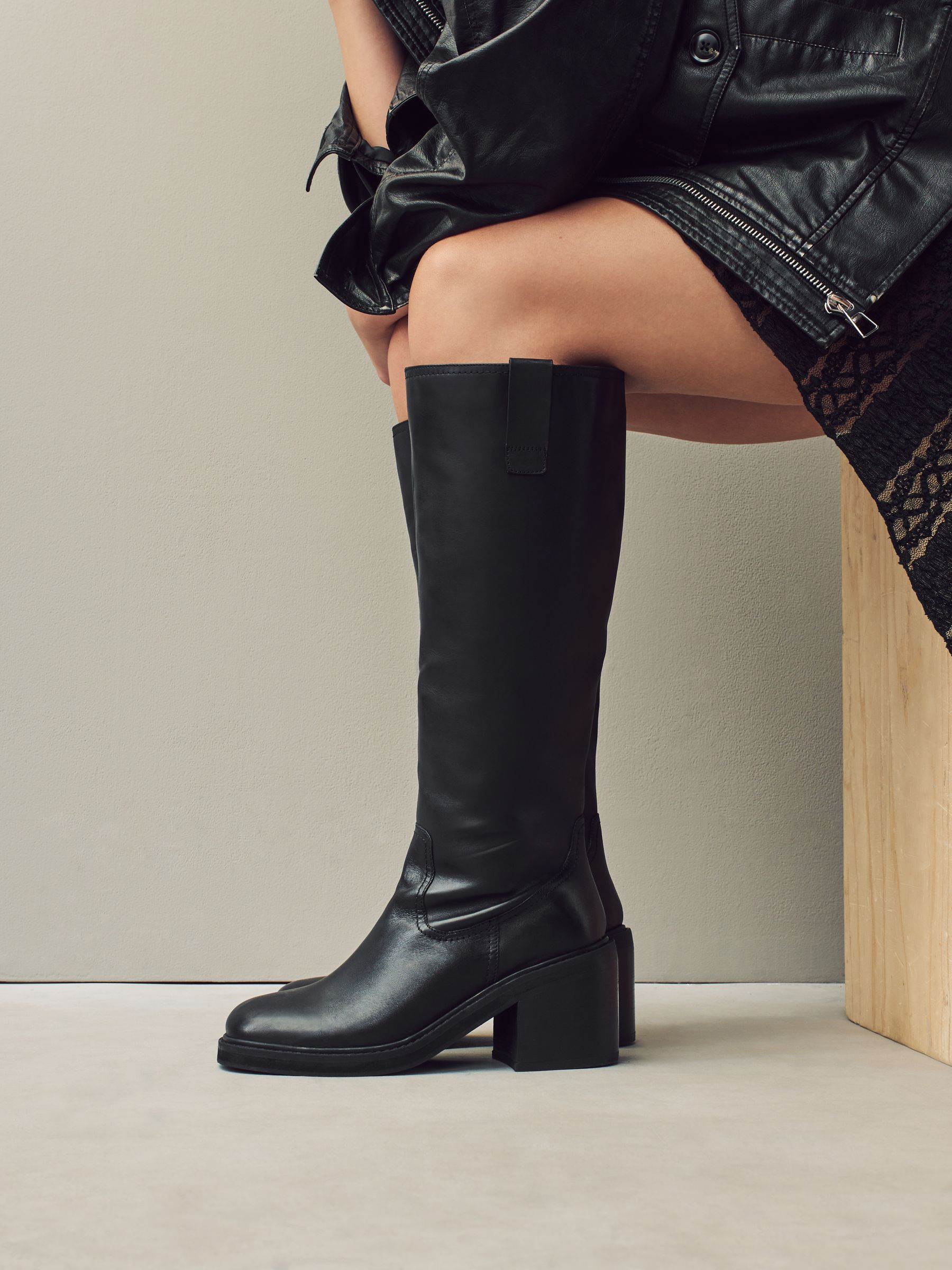 Buy Black Leather Square Toe Chunky Knee High Boots from Next USA