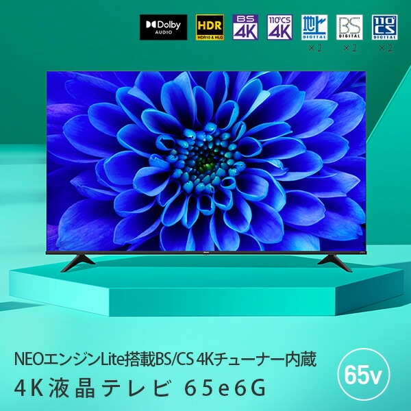 販売終了】テレビ 65型 4K HDR 外付けHDD録画 裏番組録画 65E6G