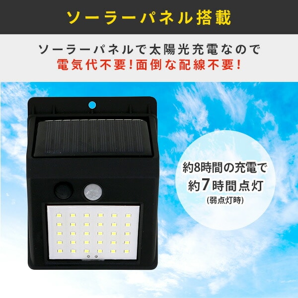 人感センサーライト ソーラーパネル 30灯 IPX3 30772 | 山善ビズコム