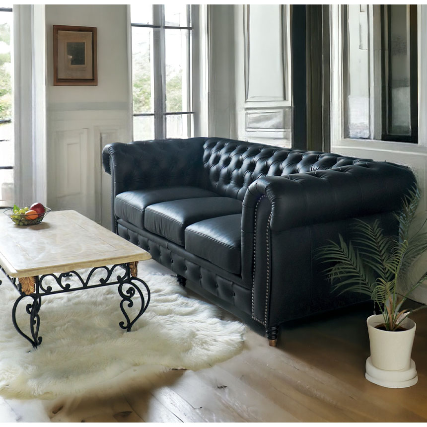 輸入家具 チェスターフィールド ソファ 3人掛け ブラックレザー