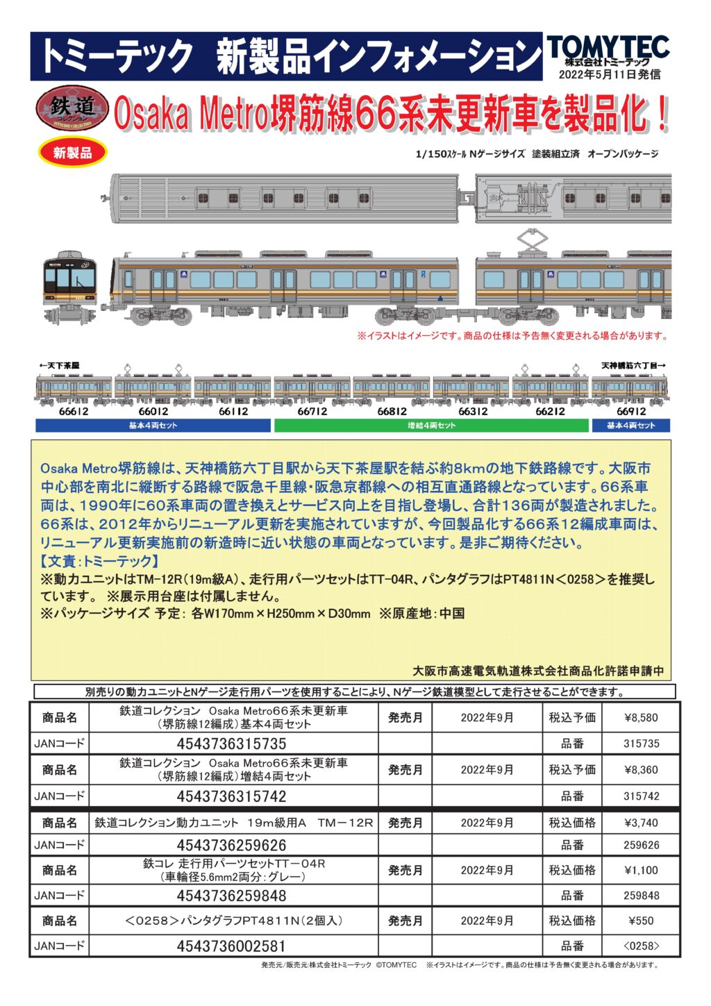 鉄コレ Osaka Metro66系未更新車（堺筋線12編成）基本4両セット