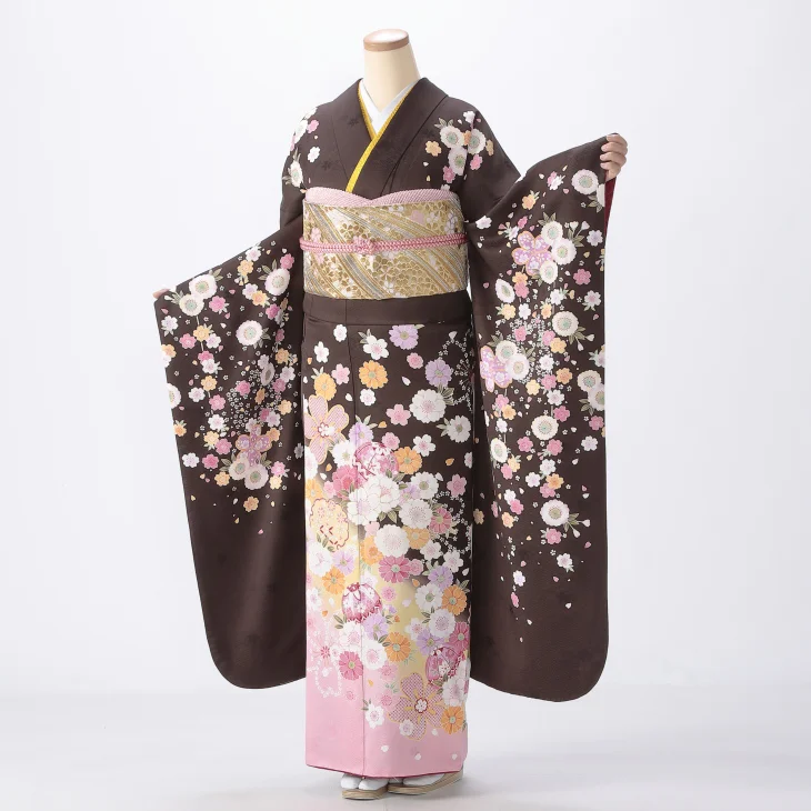f8025022】【茶系】振袖 販売 フルセット LLサイズ ほぼ新品 成人式
