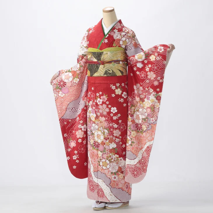 f8024107r】【赤・ワイン系】振袖 レンタル フルセット LLサイズ ほぼ
