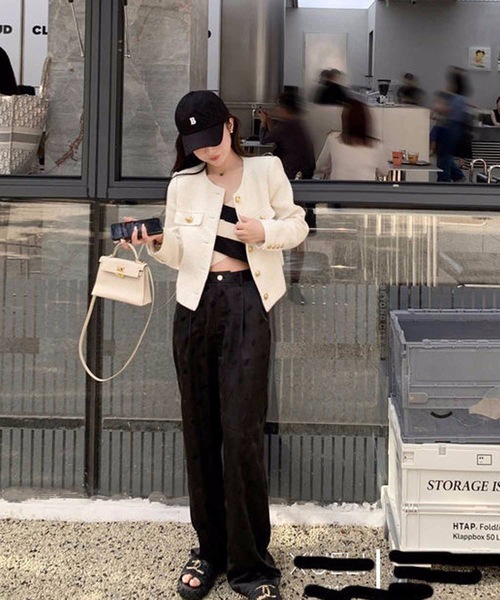 ジャケット ノーカラージャケット ゴールドボタンツイードジャケット