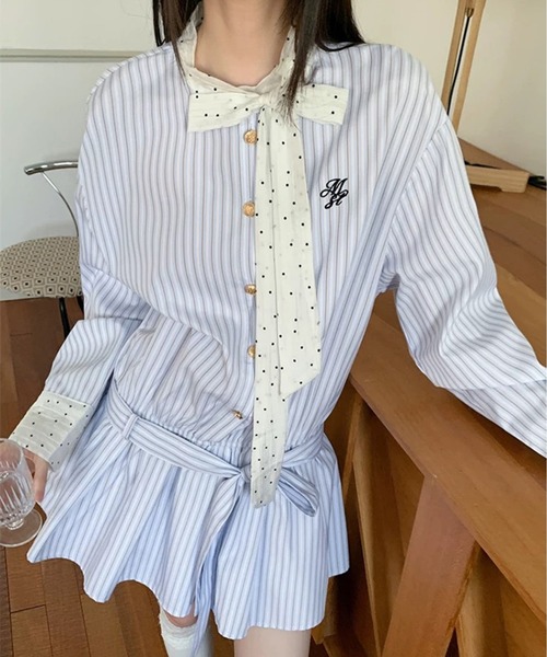 AsheKsha シャツワンピース 「新作」清新な青と白のシャツドレス、甘く