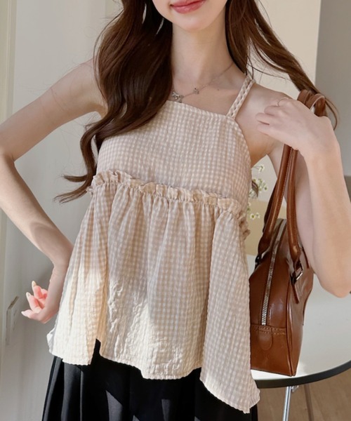 Ada. キャミソール 2WAY ギンガムチェック フレア キャミ ビスチェ