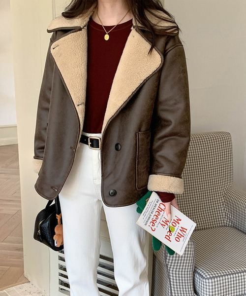 ムートンコート ボアコート 裏ボアPUビックカラージャケット