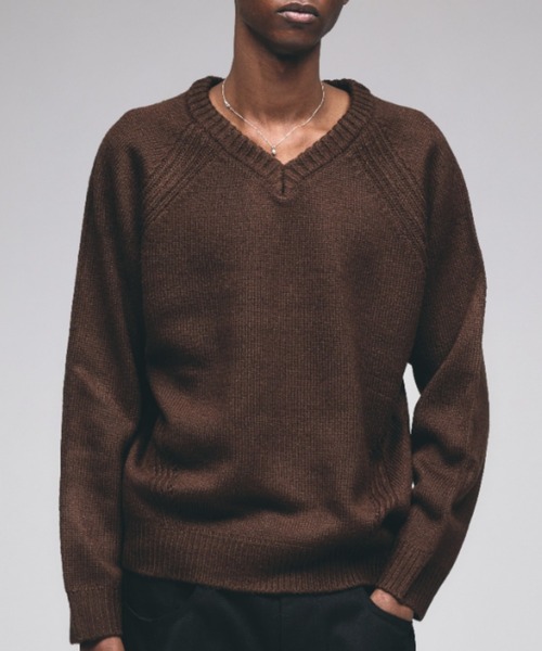 Adoon plain セーター ニット Panel Stitch V-Neck Knit / ラグランV