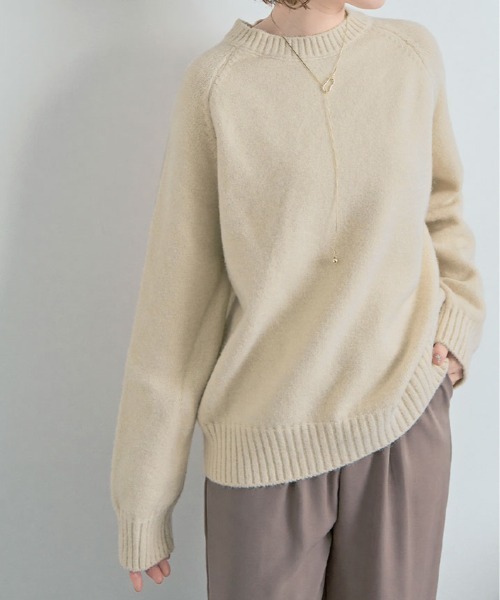 ニット セーター レザーパッチ ラグラン スリーブ カラーニット