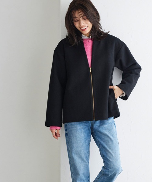 Pierrot（ピエロ） ノーカラーコート コート メルトンVネックノー