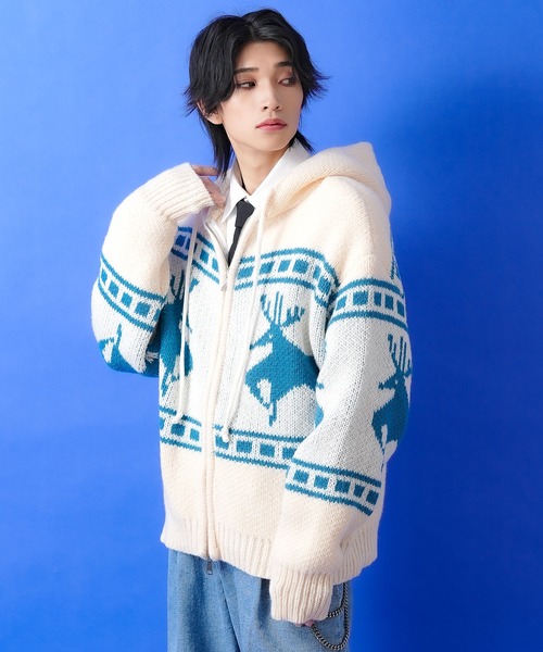 パーカー a.p.o.v. ノルディック柄カウチンニットフーディーセーター