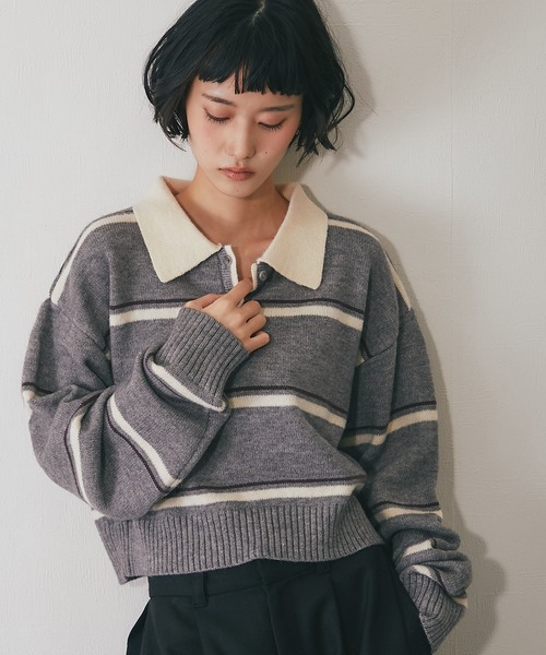 ニット セーター 配色ストライプポロニット レディース : ZOZOTOWN