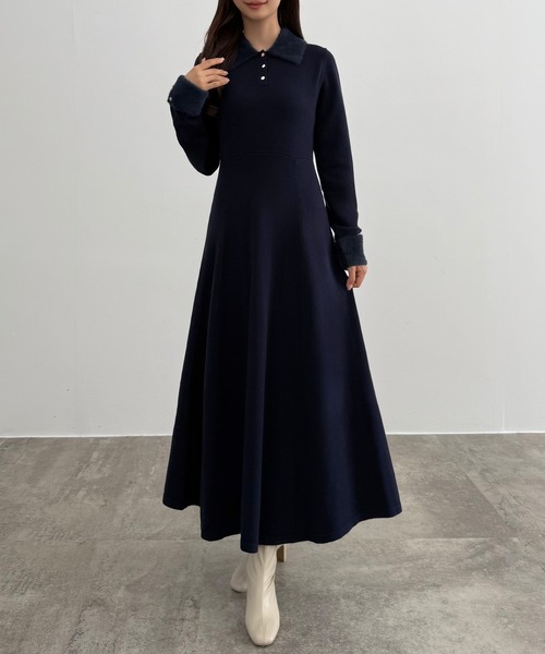 CENEA（セネア） ワンピース シャギーカラーフレアニットワンピース