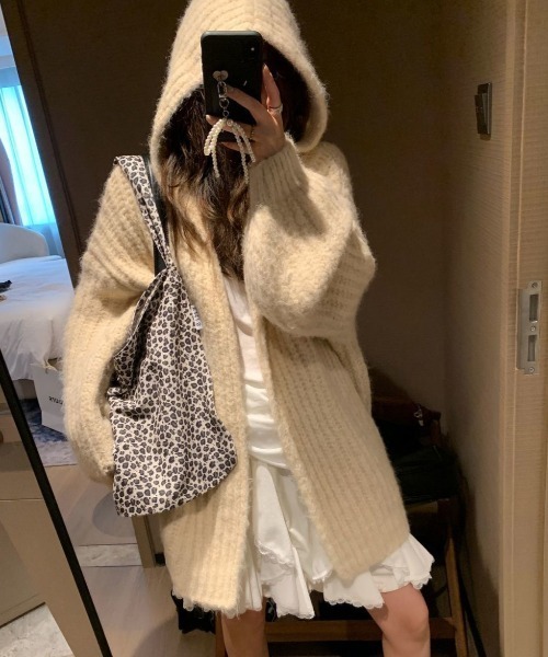 MONO8 カーディガン フード付オーバーサイズニットカーディガン／モカ