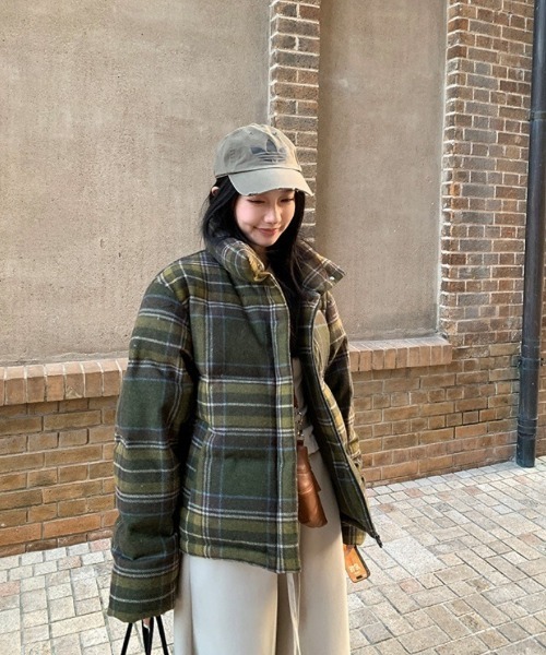 ダウンコート ダウンジャケット チェック柄 スタンドカラー エコダウン