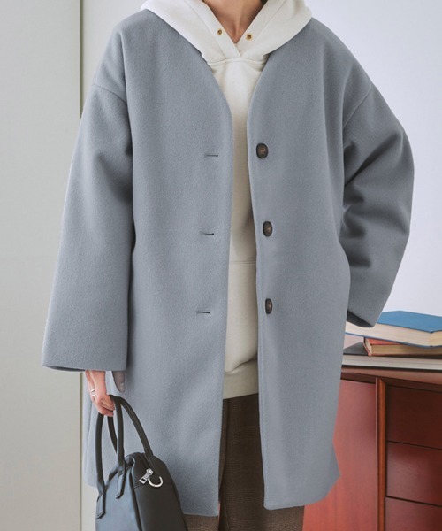 ニッセン（nissen） ノーカラーコート S サックスブルー レディース