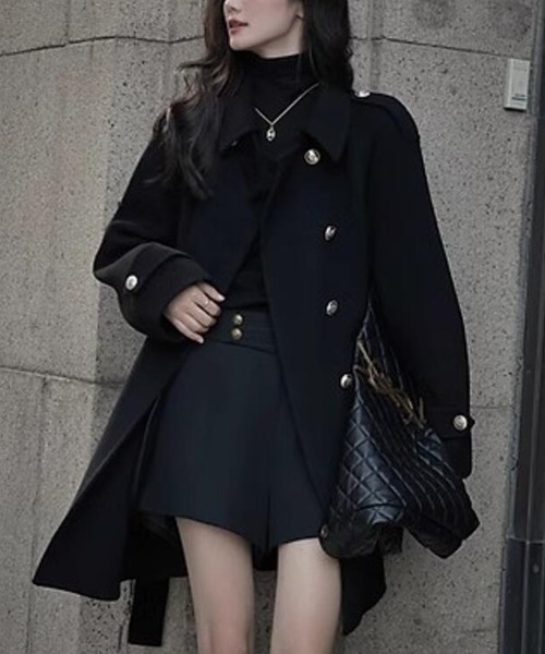 ピーコート pコート ダブルブレストベルト付きミドルレングスコート