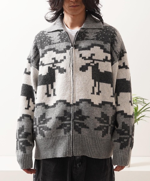 カーディガン ダブルZIP ノルディック ルーズ カウチンニット / Double