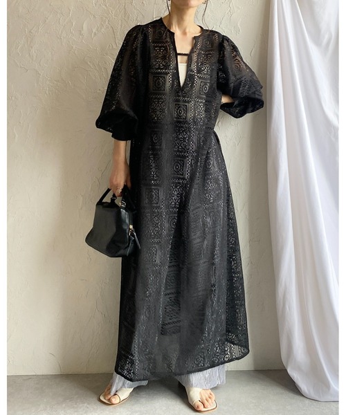 She's Closet ワンピース クロシェ編み風ブロックレースボリューム