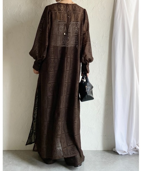 She's Closet ワンピース クロシェ編み風ブロックレースボリューム