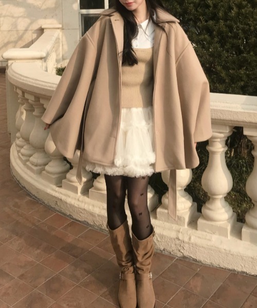 Diosfront ポンチョ オーバーサイズメルトンポンチョコート レディース