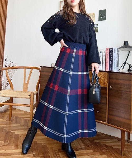 moment+ スカート チェック柄スポンディッシュニットフレアスカート