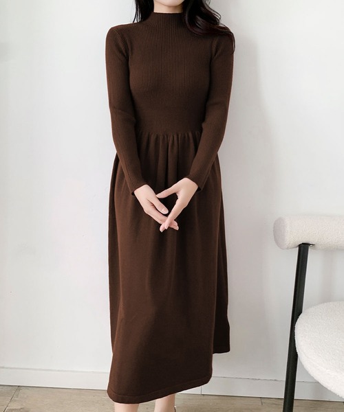 LOWO ワンピース モックネック フレア ニットワンピース ロング丈 冬