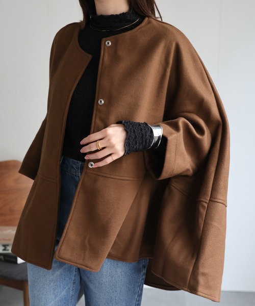 sakishimatokyo ポンチョ フェイクウール ノーカラーケープコート